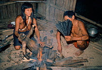 Matses Indians burning the hair off the skin of a Two-toed tree sloth (Choloepus hoffmanni) caught during a hunt, prior to cooking it for a meal. Feathers used to fan the flames, Amazonia, Peru, Novem...