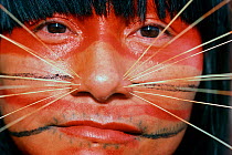 Red paint covers the top half of a Matses woman's face, and she wears decorative spines on both sides of her nose. This makeup  represents the whiskers of the jaguar spirit. Amazon, Peru, November 200...