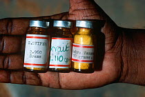 Irula Snake Tribe member holding vials of snake anti-venom for Viper, Krait and Cobra bites. Southern India.