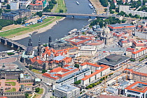 Aerial view of the historic city centre of Dresden, with Augustus Bridge and Carola Bridge over the river Elbe, Saxony, Germany, July 2010