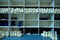 Frozen planet team boots and equipment ready for Antarctica expedition to Ross Sea, in National Science Foundation hanger, Christchurch, New Zealand. October 2009. Taken on location for BBC series, Fr...