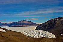 Mountains and glacier at the head of the Dry Valleys, Antarctica, December 2009. Taken on location for the BBC series, Frozen Planet.