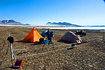 Electric wires surround the camp for filming Arctic wolves on Ellesmere Island, Nunavut, Canada, June 2008. Taken on location for the BBC series, Frozen Planet.