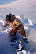 Inuit man catching Polar cod (Gadus) near Igloolik, Nunavut, Canada, 1993. 40 BELOW bookplate.