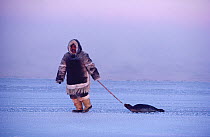 Inuit hunter dragging Seal at the floe edge. Igloolik, Nunavut, Canada, 1990. 40 BELOW bookplate.