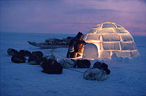 Inuit man pulling aside igloo door at dusk. Igloolik, Nunavut, Canada, 1993. 40 BELOW bookplate.