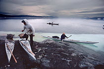 Inuit hunters using kayaks to hunt Narwhal in summer. Northwest Greenland, 1980. 40 BELOW bookplate.