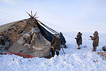 Chukchi reindeer herders putting cover on Yaranga (traditional tent). Chukotskiy Peninsula, Chukotka, Siberia, Russia, 2010. 40 BELOW bookplate.