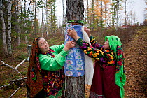 Khanty women tie symbolic material round sacred tree to protect family member. Yamal, Western Siberia, Russia, 2010. 40 BELOW bookplate.
