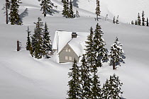 Snow covered Visitors center at Heather Meadows Recreation Area in the North Cascades, Washington, USA, April 2009