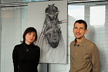 Dr. Krystyna Keleman and Dr Barry Dickson with drawing of Common fruit fly (Drosophila melanogaster), research scientists at the Vienna Drosophila RNAi Center, Institute for Molecular Pathology, Austr...