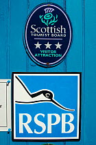 RSPB and Scottish Tourist Board sign, Forsinard Flows RSPB visitor centre, Flow Country, Sutherland, Scotland, UK, June 2011