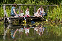 Children and mothers pond dipping and enjoying pond environment at Little Bradley Ponds, Bovey Tracy, Devon, UK. July 2011. Model released. Did you know? Newt populations went through decline over the...