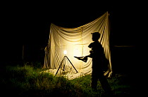 Young man silhouetted against light trap at moth trapping event, organised by Devon Moth Group, at Hazelwood Farm, near Okehampton, Devon, UK. July 2011.