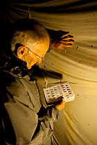 Man indentifying moth at moth trapping event, organised by Devon Moth Group, at Hazelwood Farm, near Okehampton, Devon, UK. July 2011.