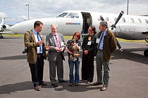 Claire Smith (RSPB) and MSP Stewart Stevenson and others on arrival of Norwegian White tailed sea eagle chicks (Haliaeetus albicilla) at Edinburgh airport, part of the East Scotland Sea Eagle reintrod...