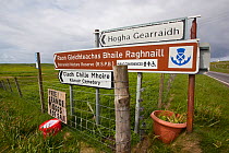 Signs at entrance to RSPB Balranald nature reserve, North Uist, Western Isles / Outer Hebrides, Scotland, UK, May 2011