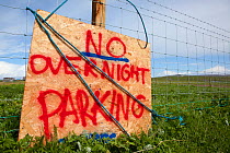 Sign at RSPB Balranald nature reserve to discourage overnight parking, North Uist, Western Isles / Outer Hebrides, Scotland, UK, May 2011