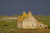 Abandoned croft house with storm clouds, Balranald RSPB reserve, North Uist, Western Isles / Outer Hebrides, Scotland, UK, May 2011