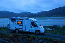 Photographer Peter Cairns' campervan parked on coast at Luskentyre, North Harris, Western Isles / Outer Hebrides, Scotland, UK, May 2011