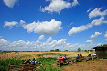 People birdwatching from Joist Fen viewpoint, Lakenheath Fen RSPB Reserve, Suffolk, UK, May 2011