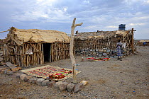 Stone and wooden house in Amhed ila village on Karoum salt lake, Danakil depression, north Ethiopia, February 2009