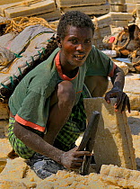 Man working to extract salt blocks from Karoum salt lake, Danakil depression, northern Ethiopia, February 2009