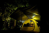 Foja Mountains RAP expedition ornithologist Chris Milensky and mammalogist Kris Helgen work in the prep tent preparing specimens late into the night. 1200 m Lower Camp. Foja Mountains, Papua, Indones...