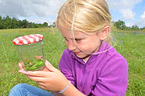 Child in garden collecting insects in jam jar. France, Europe, August. Model released.