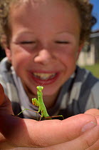 Child with a Praying Mantis (Mantodea) on hand. France, Europe, August. Model released.