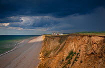 Coastguard cottages on cliff top with storm clouds overhead, Weybourne, Norfolk, UK, July 2011