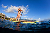 Surf instructor Tara Angioletti on a stand-up paddle board. Canoe Bearch, Maui, Hawaii. Model released.