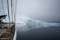 View from 'Golden Fleece', ship used as base for the film crew on location for BBC Frozen Planet series, off Northern tip of the Antarctic peninsula, Antarctica, January 2009