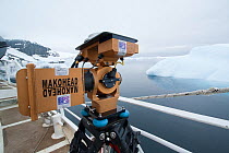 Stabilising system for mounting a camera on the 'Golden Fleece', ship used as base for the film crew on location for BBC Frozen Planet series, off Northern tip of the Antarctic peninsula, Antarctica,...