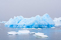 Blue iceberg, pure glacial ice, air bubbles have been compressed out with time, off the Antarctic Peninsula, Antarctica, Taken on location for BBC Frozen Planet series, January 2009