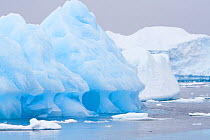 Blue iceberg, pure glacial ice, air bubbles have been compressed out with time, off the Antarctic Peninsula, Antarctica, Taken on location for BBC Frozen Planet series, January 2009