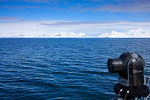 Cineflex camera mounted on the 'Golden Fleece' (base ship of the BBC film crew) off the Antarctic Peninsula, Antarctica, January 2009, Taken on location for BBC Frozen Planet series