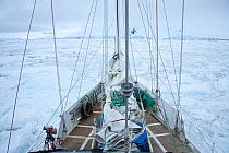 'Golden Fleece' (base ship of the BBC film crew) as it passes through floe ice off the Antarctic Peninsula, Antarctica, January 2009, Taken on location for BBC Frozen Planet series