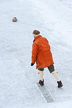 A bonspiel, traditional curling tournament held on frozen loch, Leightonhill Lake, Brechin, Angus, Scotland, UK, January 2010