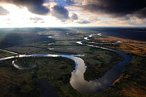 The Emajogi river meandering through low wetlands. Estonia, Europe, October 2010.