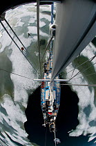 Fish eye view of a steel hull sailboat from the crow's nest, Spitsbergen, Svalbard Archipelago, Norway, July 2011