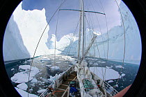 Camera lens view of the 'Golden Fleece' in the centre of a horseshoe shaped iceberg off the Antarctic Peninsula, Antarctica, February 2009, Taken on location for BBC Frozen Planet series
