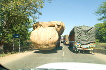 Dangerously overloaded lorry overtakes on main road, Rajasthan, India