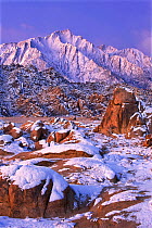 Lone Pine Peak and Granite rock formations covered with snow at winter sunrise, Alabama Hills, Eastern Sierras, California, USA NOT AVAILABLE FOR  CARDS OR CALENDARS.