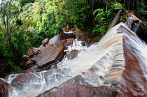 Giluk Falls tumble off the southern plateau, with lowland rainforest below. Centre of Maliau Basin, Sabah's 'Lost World', Borneo.