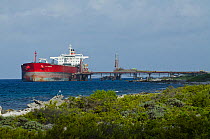 Tanker at BOPEC (Bonaire Petroleum Corporation N.V.) trans shipment and storage terminal. A deep-water port, with facilities for transferring oil from ocean-going to coastal tankers.  Bonaire, Netherl...