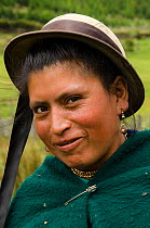 Quechua Indian Woman portrait, at base of Chimborazo Volcano (highest mountain in Ecuador) Andes, Ecuador, South America, 2011