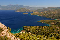 Mourtia beach and bay with the southeast tip of Samos and Mount Mycale in Turkey's Dilek Peninsula National Park in the background, east coast of Samos, August 2011.