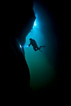 Scuba diver exploring a sea cave beneath Giants Legs, Bressay, Shetland Islands, Scotland, UK