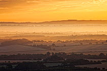 Dawn mist and rolling chalk downland viewed from Wilmington Hill, Wilmington, South Downs National Park, East Sussex, England, UK, July 2011